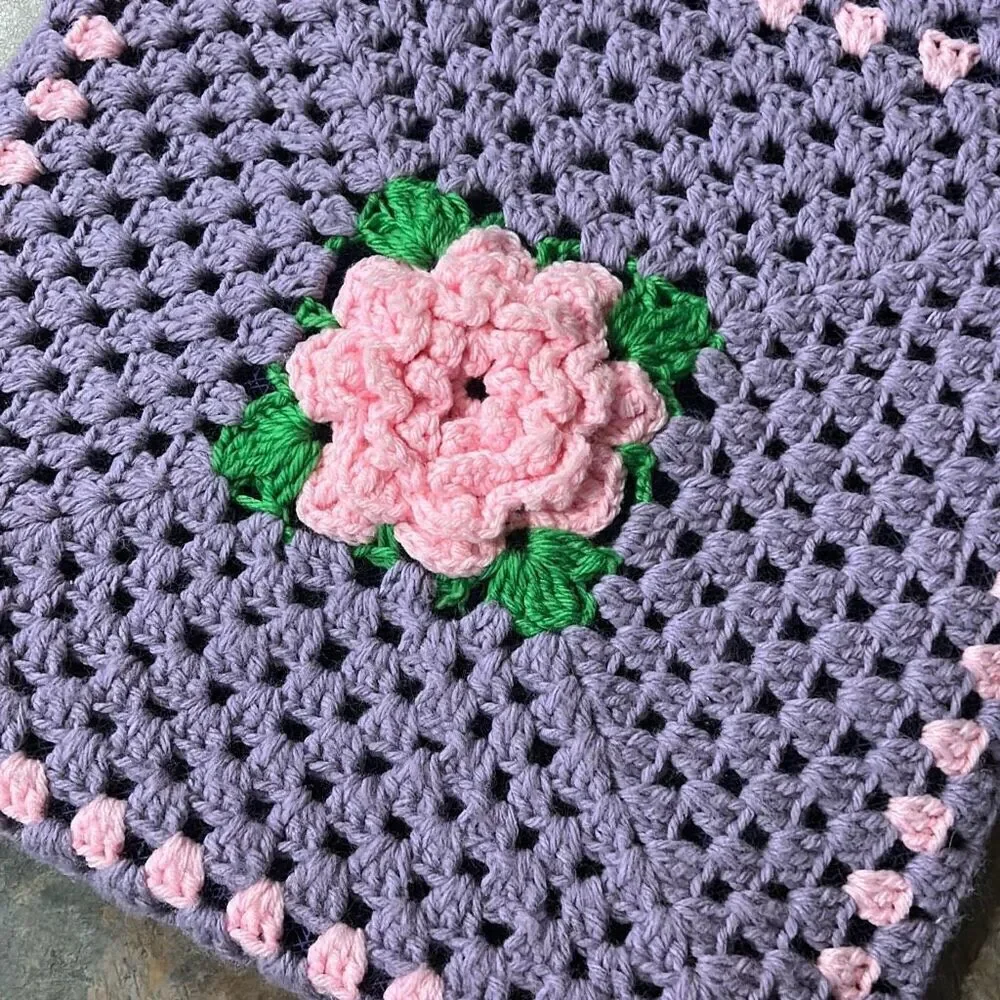 Granny Square Festival Mesh Lined Bag Purple and Pink Made in Spain